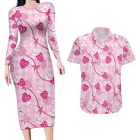 Anthurium Pikake Ti Leaf Palaka Couples Matching Long Sleeve Bodycon Dress and Hawaiian Shirt Pink Version LT01 Pink - Polynesian Pride