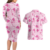 Anthurium Pikake Ti Leaf Palaka Couples Matching Long Sleeve Bodycon Dress and Hawaiian Shirt Pink Version LT01 - Polynesian Pride