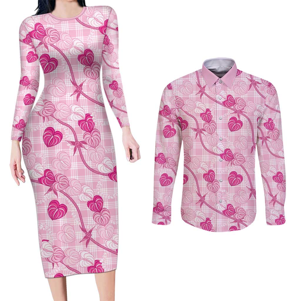 Anthurium Pikake Ti Leaf Palaka Couples Matching Long Sleeve Bodycon Dress and Long Sleeve Button Shirt Pink Version
