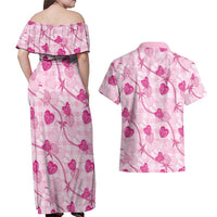 Anthurium Pikake Ti Leaf Palaka Couples Matching Off Shoulder Maxi Dress and Hawaiian Shirt Pink Version