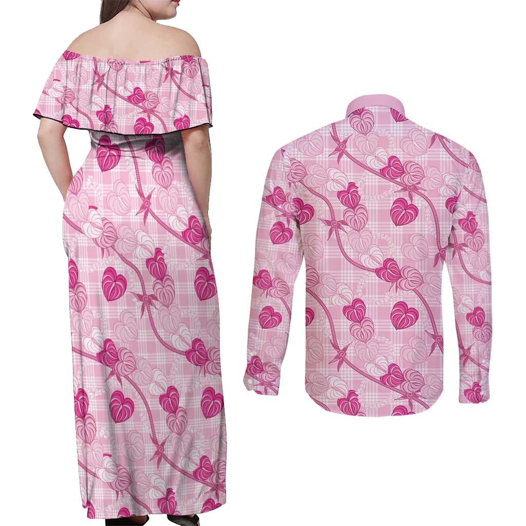 Anthurium Pikake Ti Leaf Palaka Couples Matching Off Shoulder Maxi Dress and Long Sleeve Button Shirt Pink Version