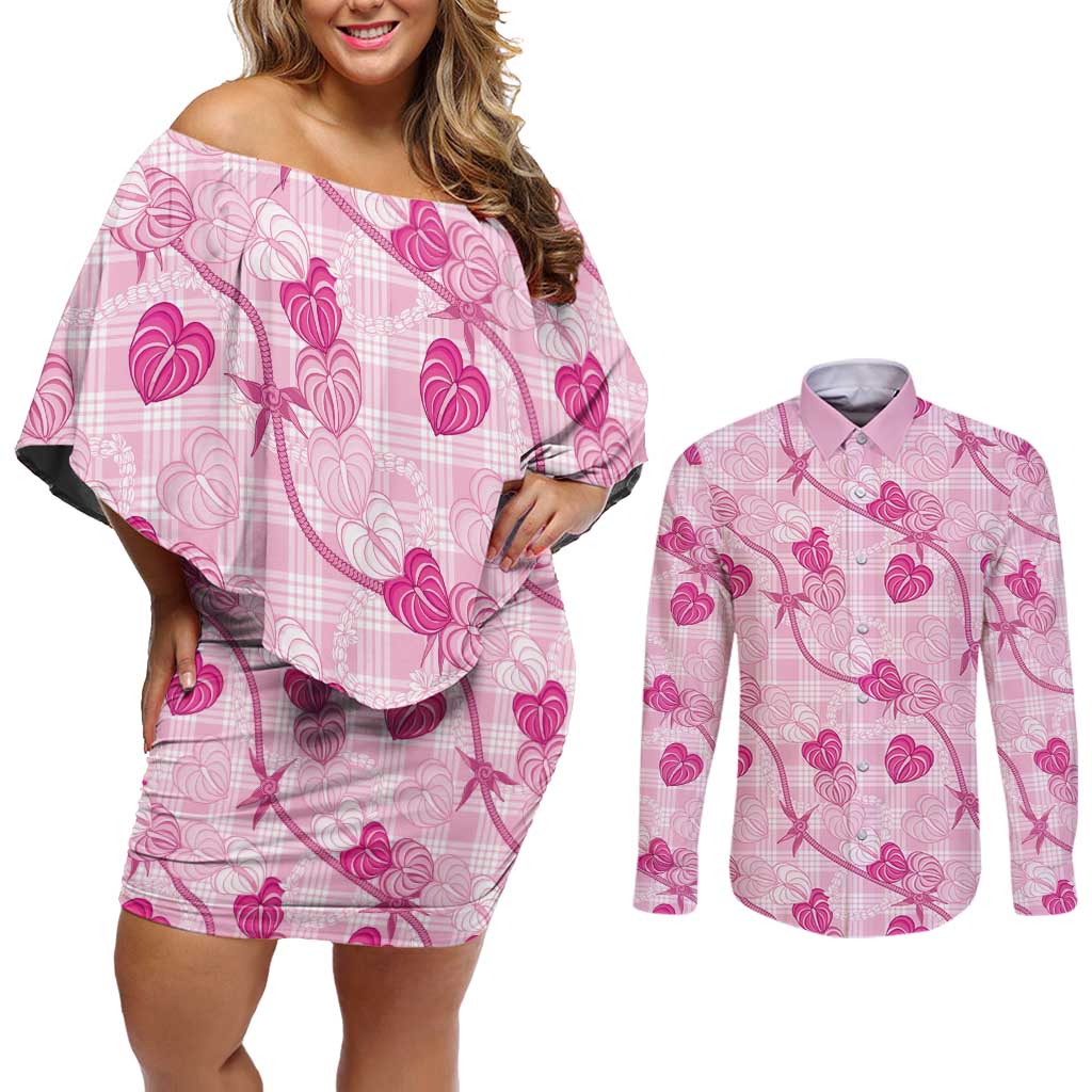 Anthurium Pikake Ti Leaf Palaka Couples Matching Off Shoulder Short Dress and Long Sleeve Button Shirt Pink Version