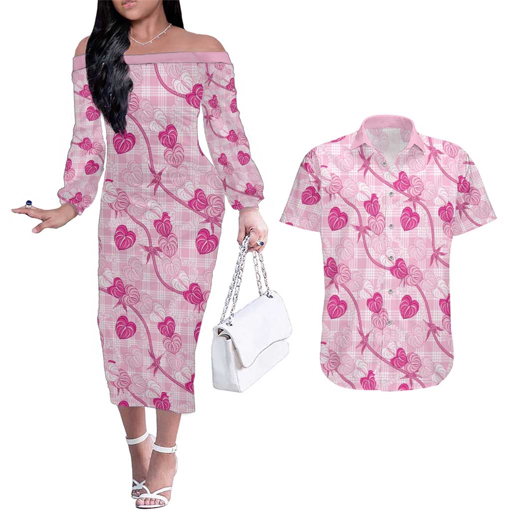Anthurium Pikake Ti Leaf Palaka Couples Matching Off The Shoulder Long Sleeve Dress and Hawaiian Shirt Pink Version