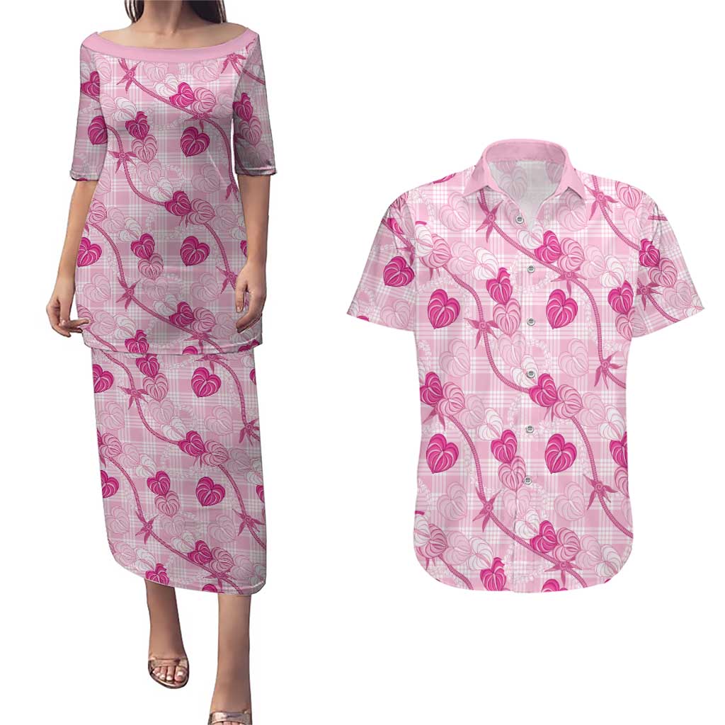 Anthurium Pikake Ti Leaf Palaka Couples Matching Puletasi and Hawaiian Shirt Pink Version LT01 Pink - Polynesian Pride