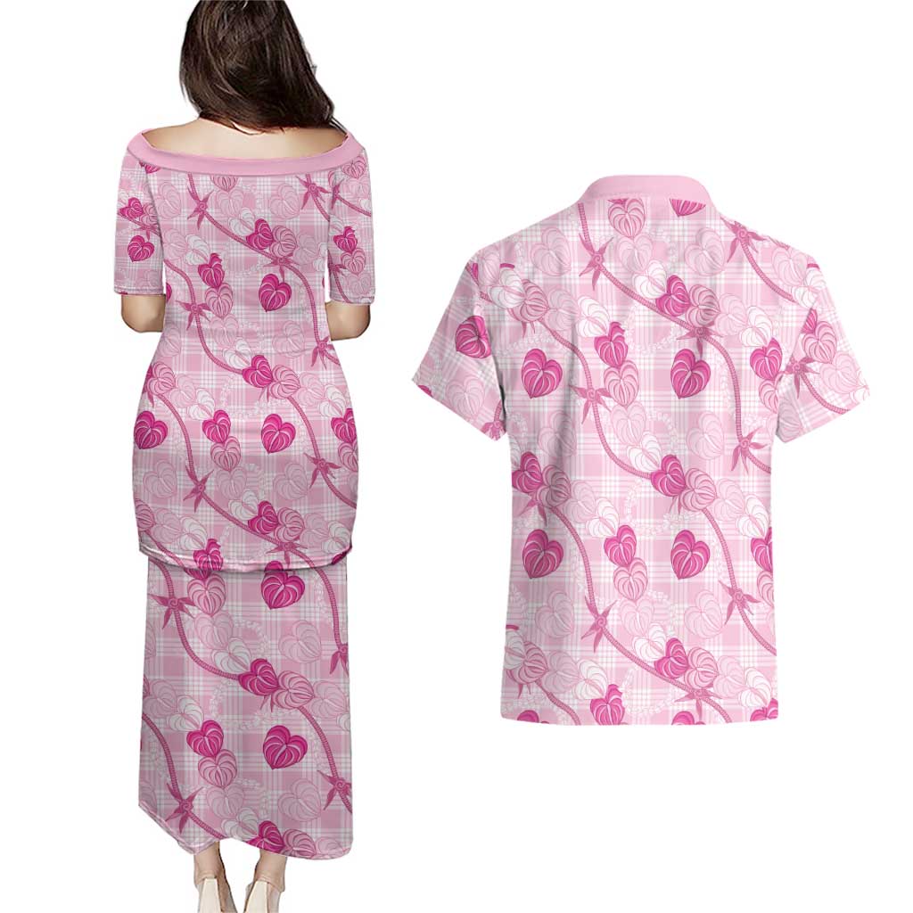 Anthurium Pikake Ti Leaf Palaka Couples Matching Puletasi and Hawaiian Shirt Pink Version LT01 - Polynesian Pride
