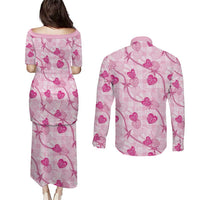 Anthurium Pikake Ti Leaf Palaka Couples Matching Puletasi and Long Sleeve Button Shirt Pink Version