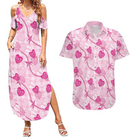 Anthurium Pikake Ti Leaf Palaka Couples Matching Summer Maxi Dress and Hawaiian Shirt Pink Version