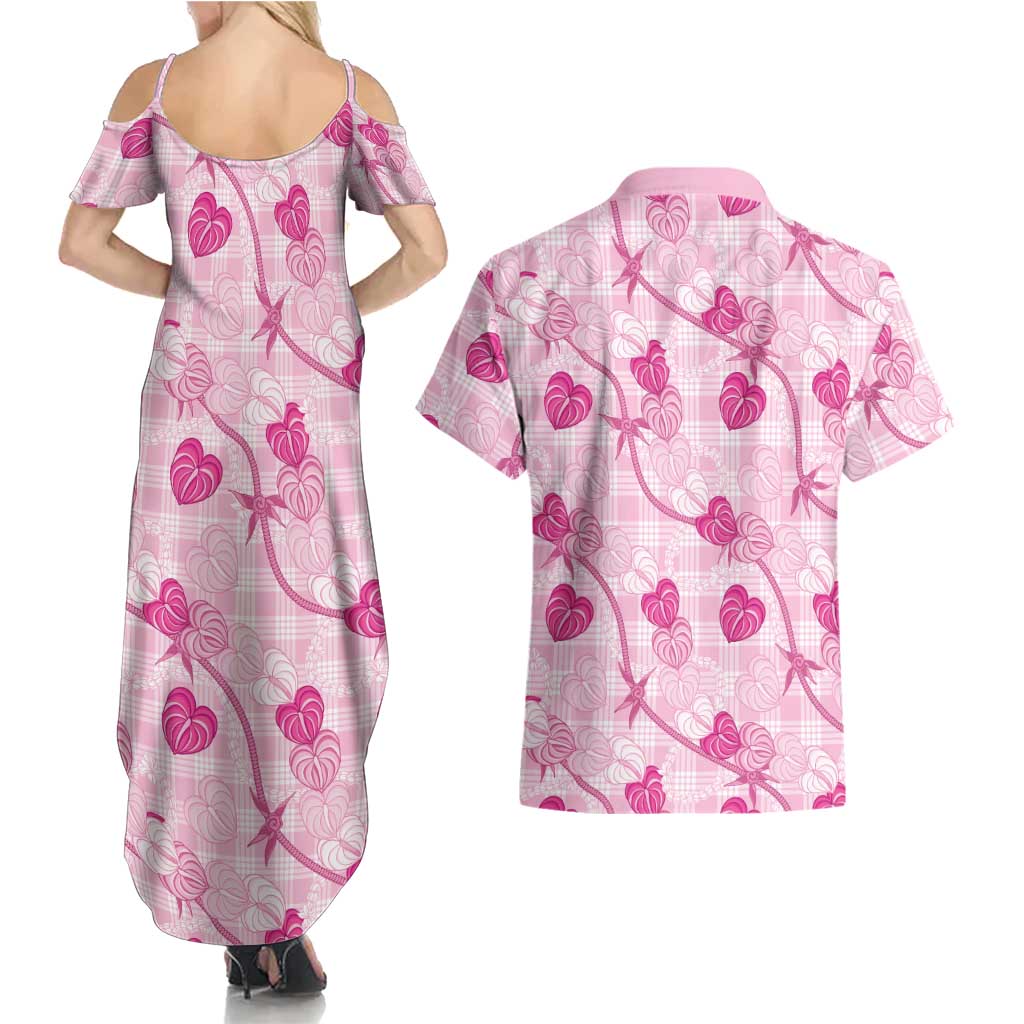 Anthurium Pikake Ti Leaf Palaka Couples Matching Summer Maxi Dress and Hawaiian Shirt Pink Version