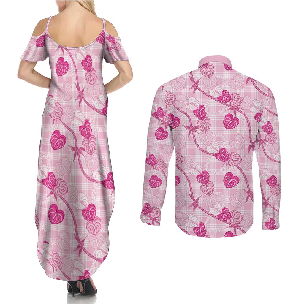 Anthurium Pikake Ti Leaf Palaka Couples Matching Summer Maxi Dress and Long Sleeve Button Shirt Pink Version