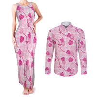 Anthurium Pikake Ti Leaf Palaka Couples Matching Tank Maxi Dress and Long Sleeve Button Shirt Pink Version