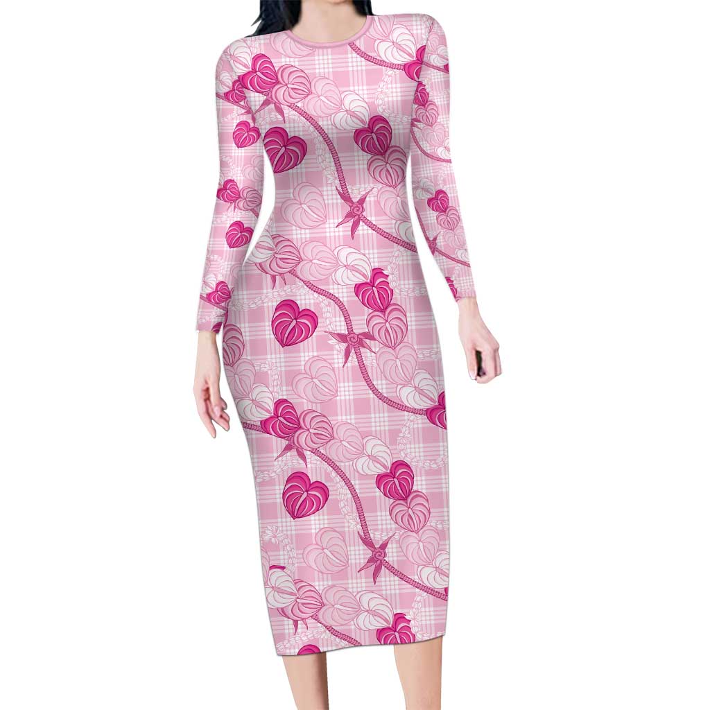 Anthurium Pikake Ti Leaf Palaka Family Matching Long Sleeve Bodycon Dress and Hawaiian Shirt Pink Version