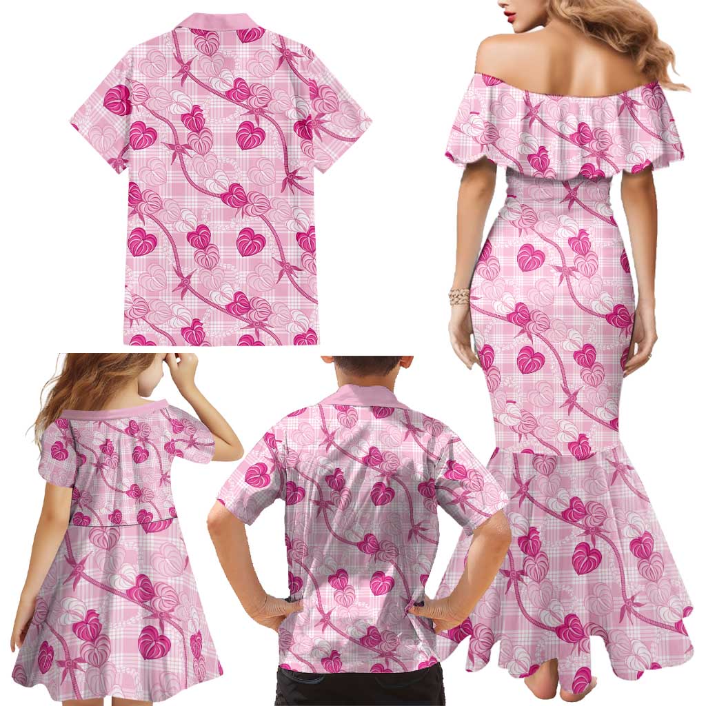 Anthurium Pikake Ti Leaf Palaka Family Matching Mermaid Dress and Hawaiian Shirt Pink Version