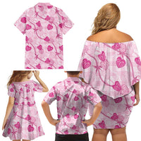 Anthurium Pikake Ti Leaf Palaka Family Matching Off Shoulder Short Dress and Hawaiian Shirt Pink Version