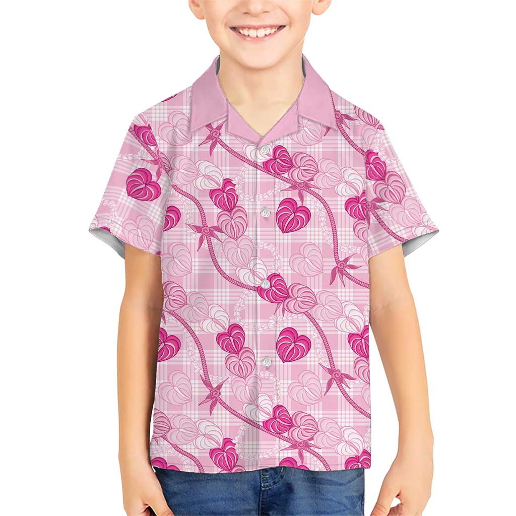 Anthurium Pikake Ti Leaf Palaka Family Matching Off Shoulder Short Dress and Hawaiian Shirt Pink Version