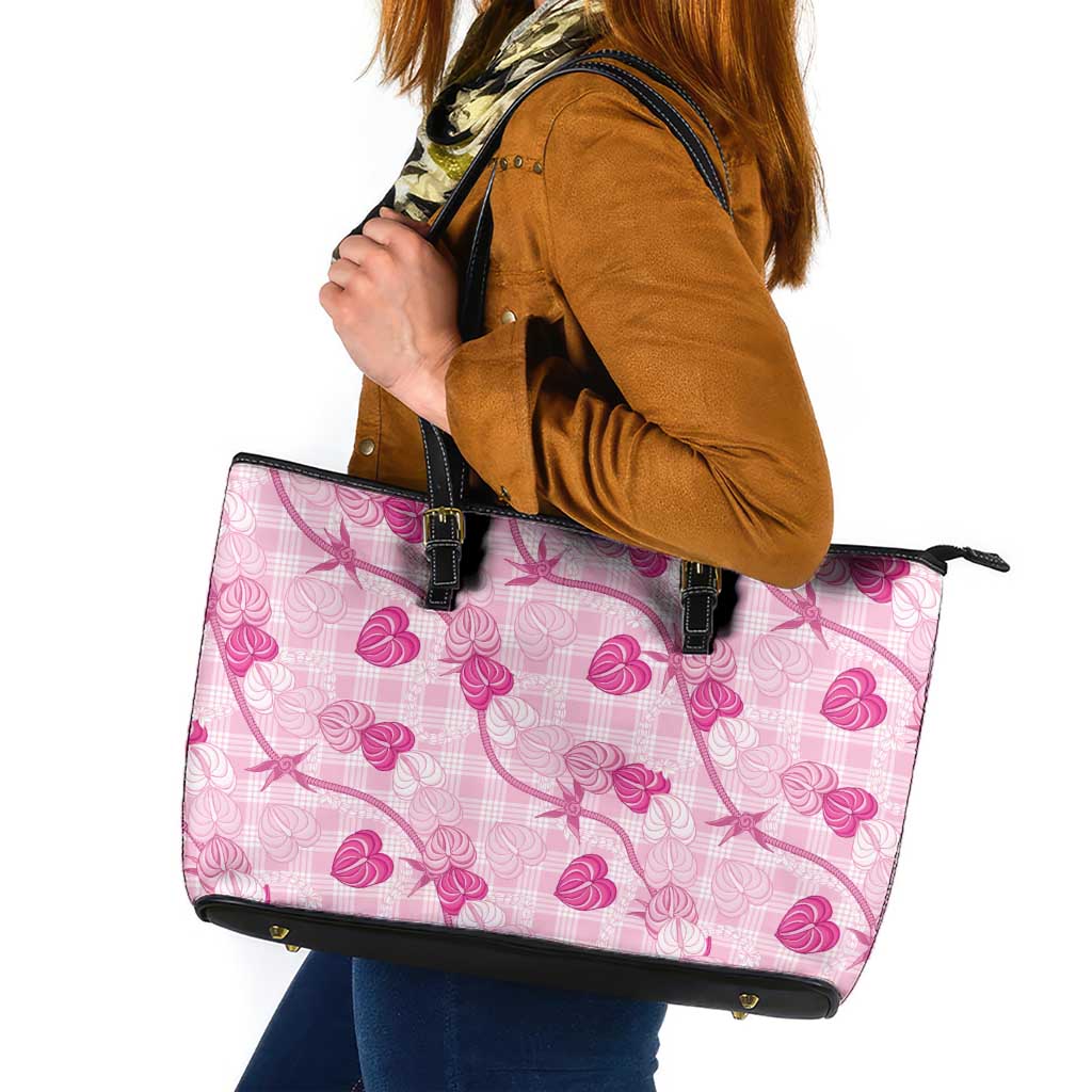 Anthurium Pikake Ti Leaf Palaka Leather Tote Bag Pink Version