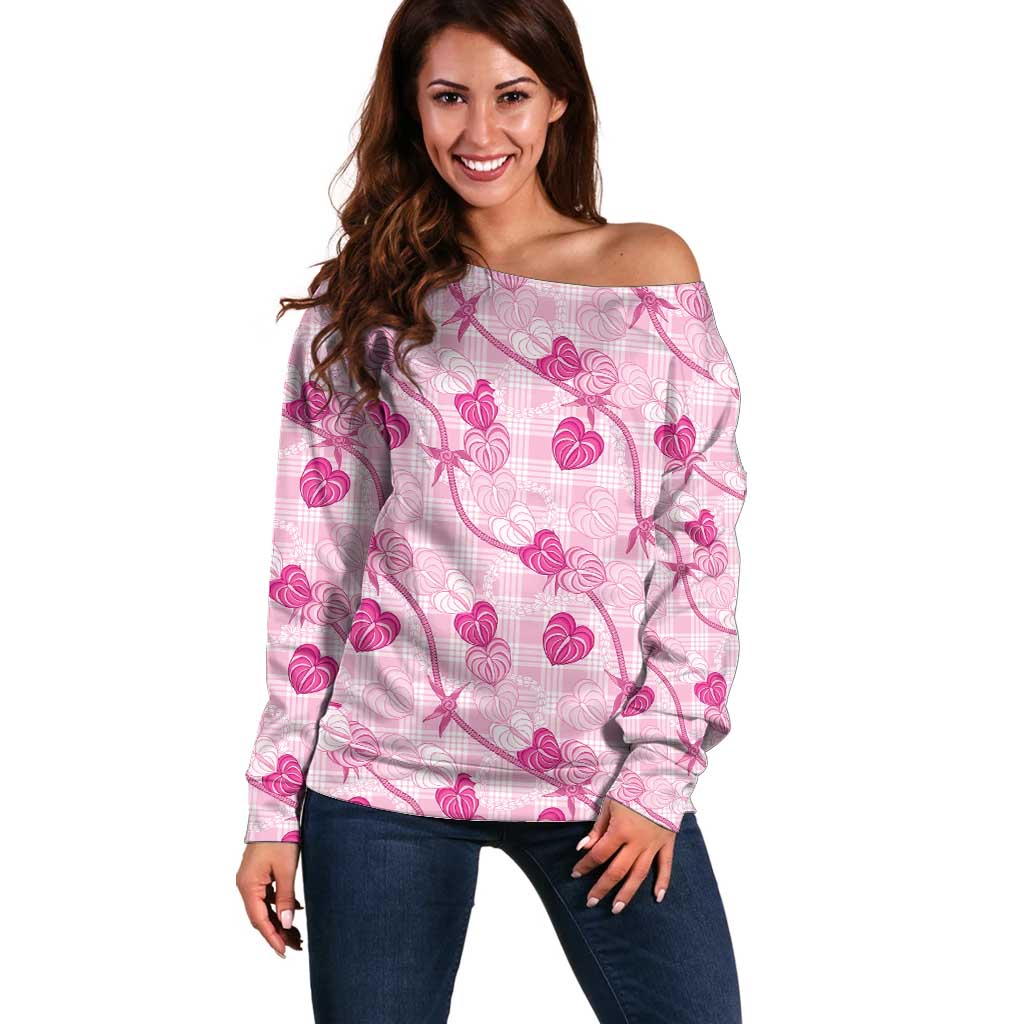 Anthurium Pikake Ti Leaf Palaka Off Shoulder Sweater Pink Version