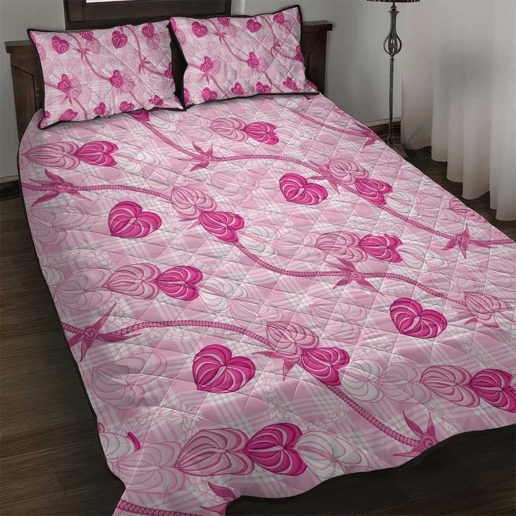 Anthurium Pikake Ti Leaf Palaka Quilt Bed Set Pink Version