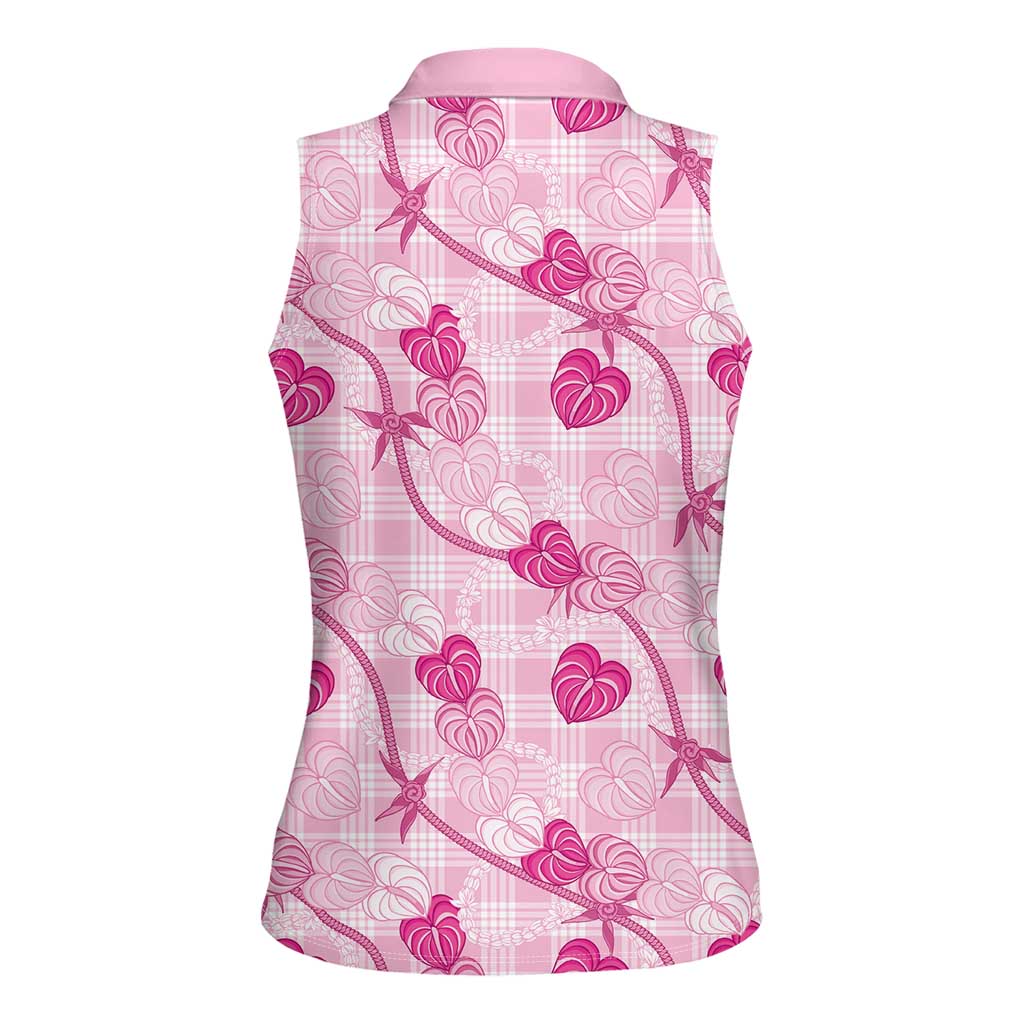 Anthurium Pikake Ti Leaf Palaka Women Sleeveless Polo Shirt Pink Version LT01 - Polynesian Pride