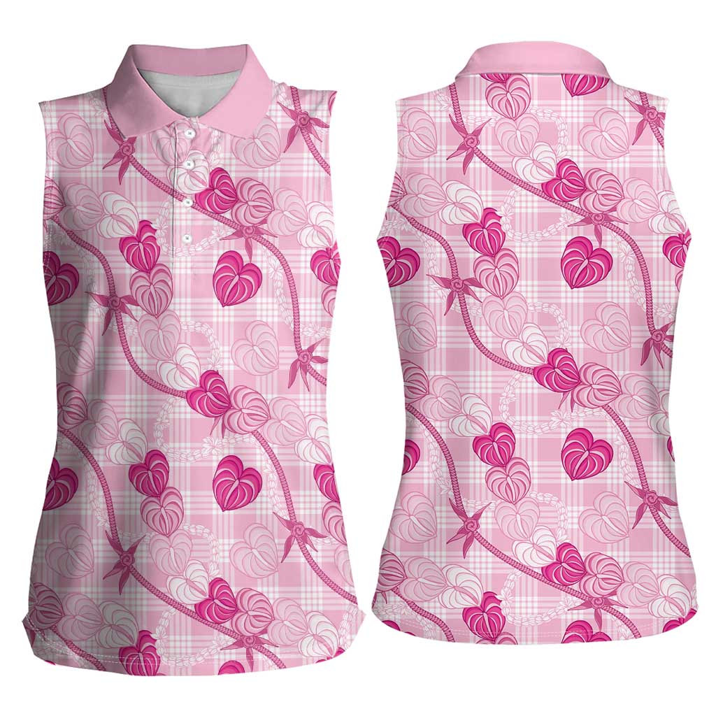 Anthurium Pikake Ti Leaf Palaka Women Sleeveless Polo Shirt Pink Version LT01 - Polynesian Pride