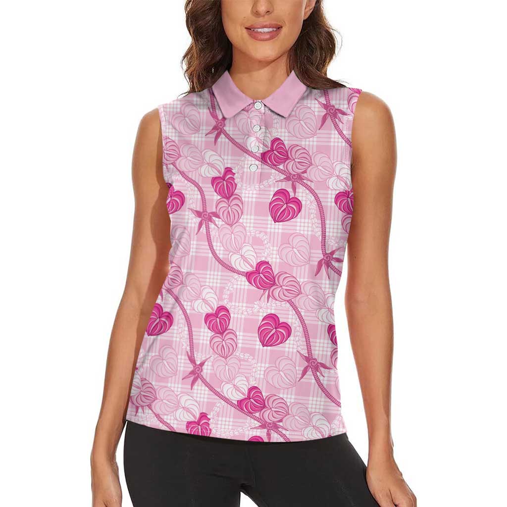 Anthurium Pikake Ti Leaf Palaka Women Sleeveless Polo Shirt Pink Version LT01 - Polynesian Pride