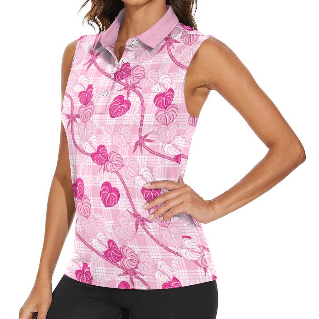 Anthurium Pikake Ti Leaf Palaka Women Sleeveless Polo Shirt Pink Version LT01 - Polynesian Pride