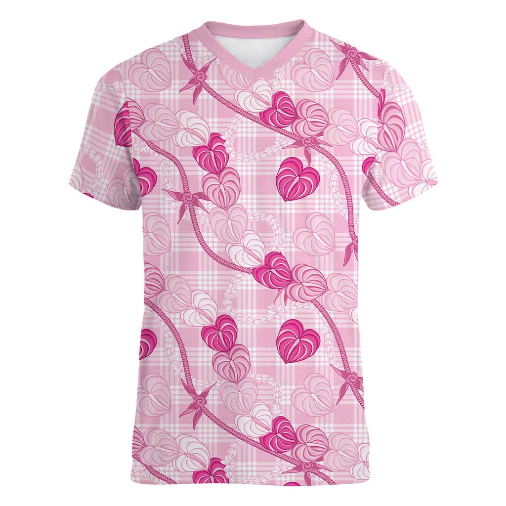 Anthurium Pikake Ti Leaf Palaka Women V-Neck T-Shirt Pink Version LT01 Female Pink - Polynesian Pride