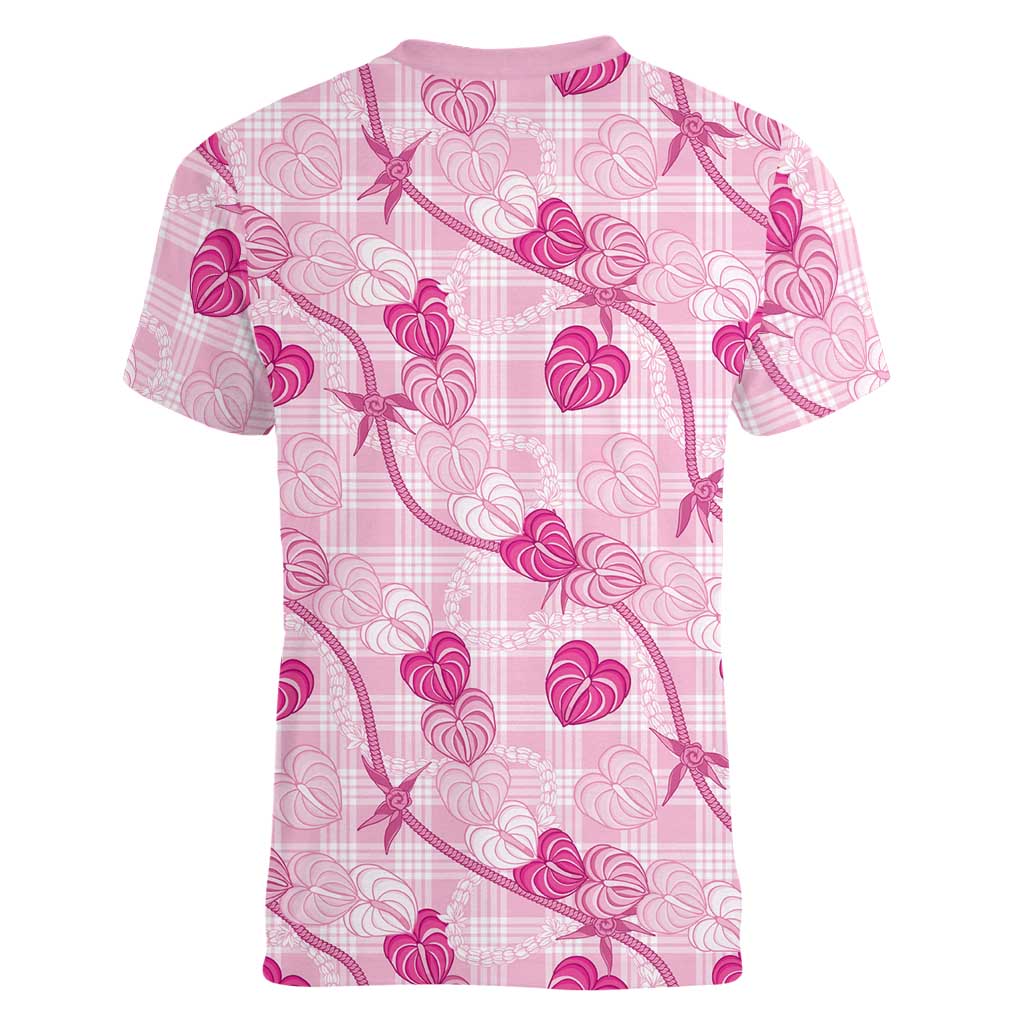 Anthurium Pikake Ti Leaf Palaka Women V-Neck T-Shirt Pink Version LT01 - Polynesian Pride