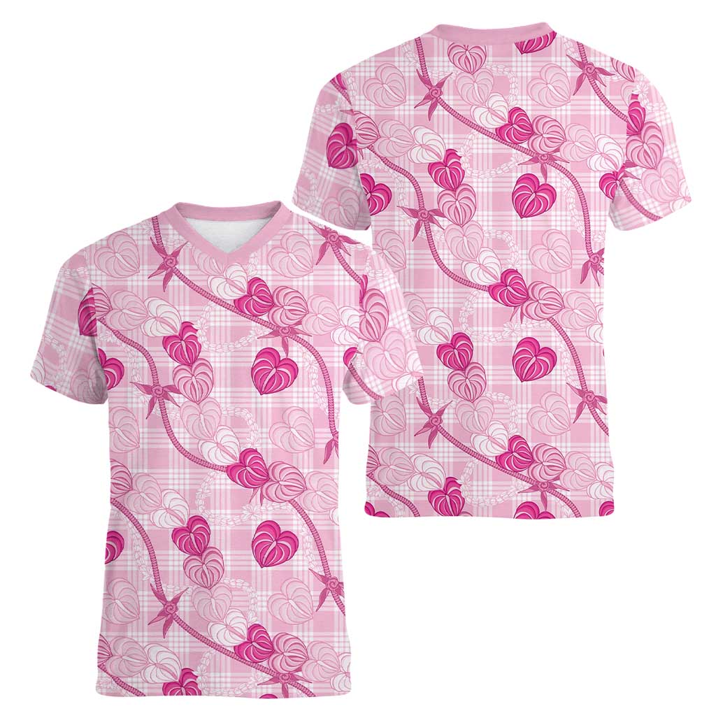 Anthurium Pikake Ti Leaf Palaka Women V-Neck T-Shirt Pink Version LT01 - Polynesian Pride