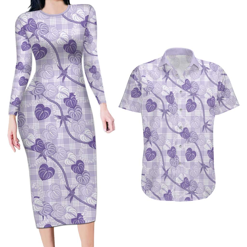 Anthurium Pikake Ti Leaf Palaka Couples Matching Long Sleeve Bodycon Dress and Hawaiian Shirt Purple Version