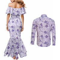 Anthurium Pikake Ti Leaf Palaka Couples Matching Mermaid Dress and Long Sleeve Button Shirt Purple Version