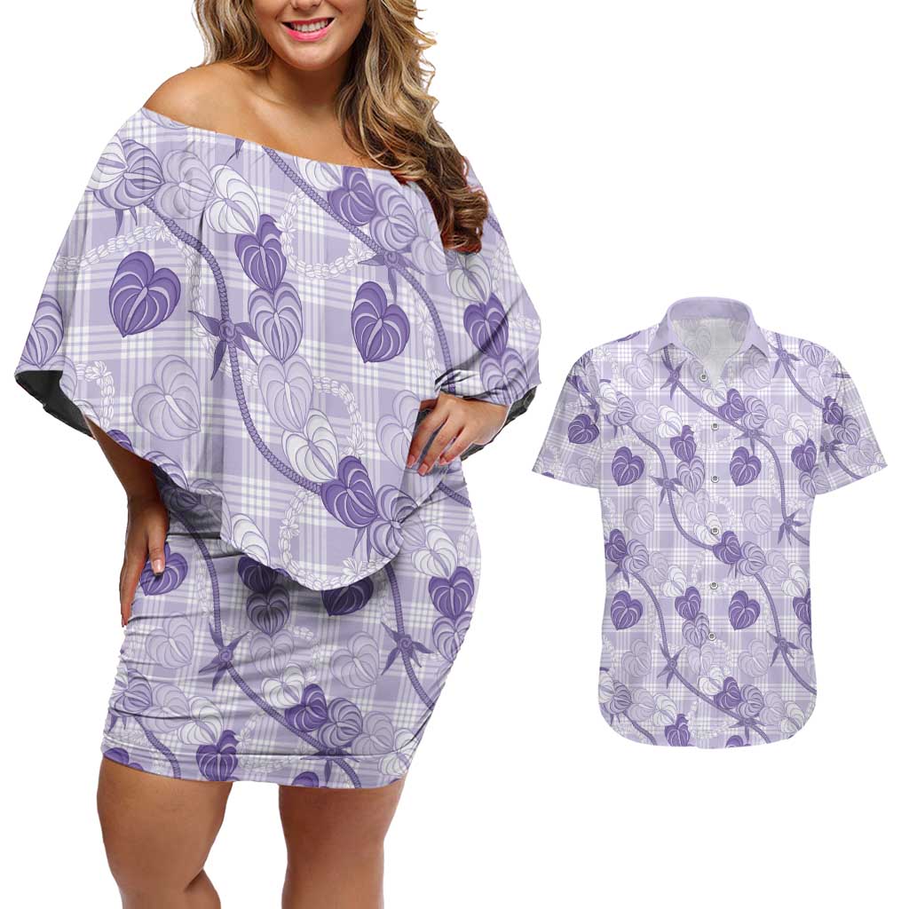 Anthurium Pikake Ti Leaf Palaka Couples Matching Off Shoulder Short Dress and Hawaiian Shirt Purple Version LT01 Purple - Polynesian Pride