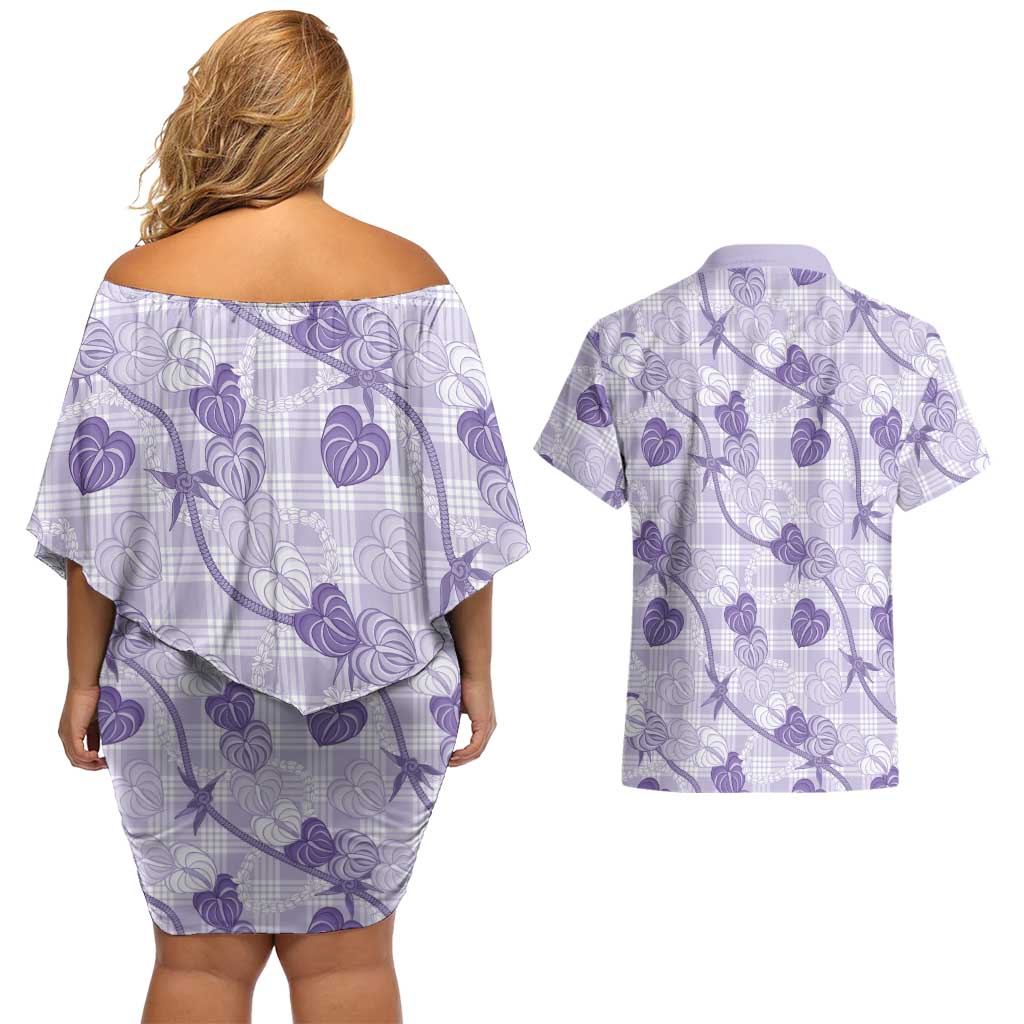 Anthurium Pikake Ti Leaf Palaka Couples Matching Off Shoulder Short Dress and Hawaiian Shirt Purple Version LT01 - Polynesian Pride