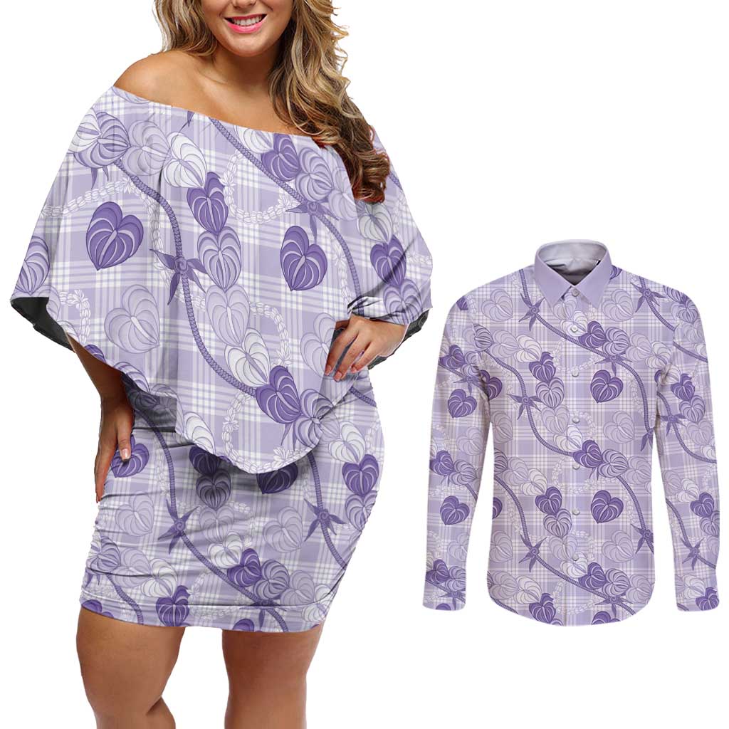 Anthurium Pikake Ti Leaf Palaka Couples Matching Off Shoulder Short Dress and Long Sleeve Button Shirt Purple Version