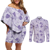 Anthurium Pikake Ti Leaf Palaka Couples Matching Off Shoulder Short Dress and Long Sleeve Button Shirt Purple Version