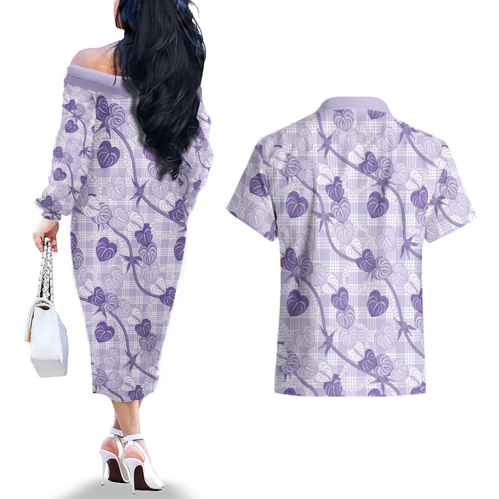 Anthurium Pikake Ti Leaf Palaka Couples Matching Off The Shoulder Long Sleeve Dress and Hawaiian Shirt Purple Version