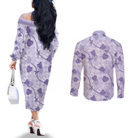 Anthurium Pikake Ti Leaf Palaka Couples Matching Off The Shoulder Long Sleeve Dress and Long Sleeve Button Shirt Purple Version