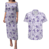 Anthurium Pikake Ti Leaf Palaka Couples Matching Puletasi and Hawaiian Shirt Purple Version