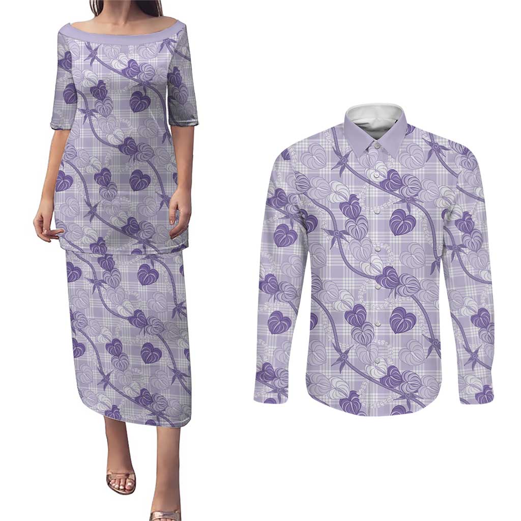 Anthurium Pikake Ti Leaf Palaka Couples Matching Puletasi and Long Sleeve Button Shirt Purple Version LT01 Purple - Polynesian Pride