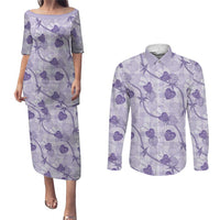 Anthurium Pikake Ti Leaf Palaka Couples Matching Puletasi and Long Sleeve Button Shirt Purple Version LT01 Purple - Polynesian Pride