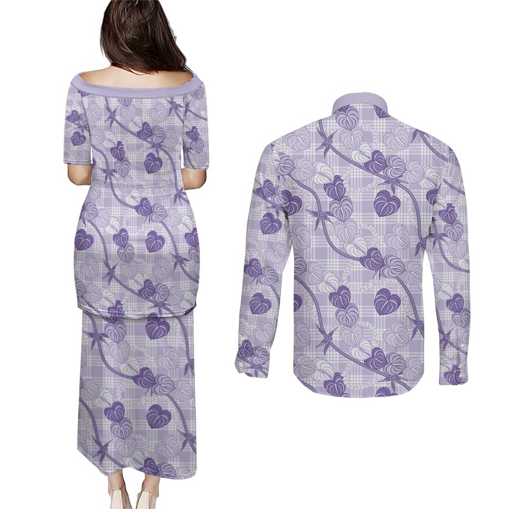 Anthurium Pikake Ti Leaf Palaka Couples Matching Puletasi and Long Sleeve Button Shirt Purple Version LT01 - Polynesian Pride
