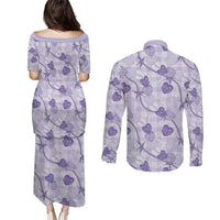 Anthurium Pikake Ti Leaf Palaka Couples Matching Puletasi and Long Sleeve Button Shirt Purple Version LT01 - Polynesian Pride