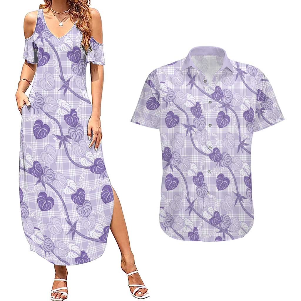 Anthurium Pikake Ti Leaf Palaka Couples Matching Summer Maxi Dress and Hawaiian Shirt Purple Version