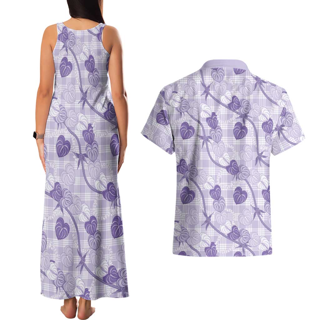 Anthurium Pikake Ti Leaf Palaka Couples Matching Tank Maxi Dress and Hawaiian Shirt Purple Version