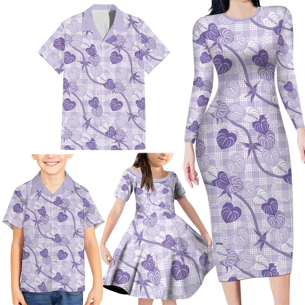Anthurium Pikake Ti Leaf Palaka Family Matching Long Sleeve Bodycon Dress and Hawaiian Shirt Purple Version