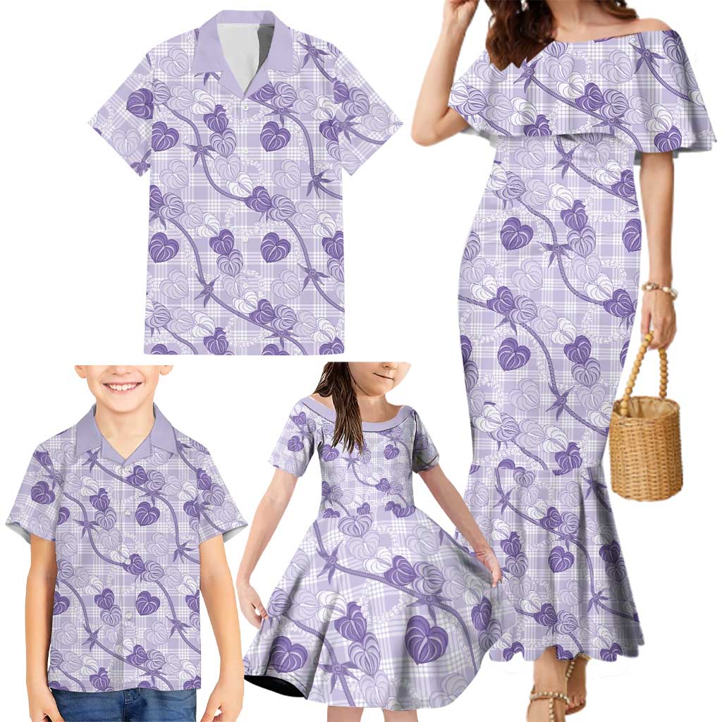 Anthurium Pikake Ti Leaf Palaka Family Matching Mermaid Dress and Hawaiian Shirt Purple Version