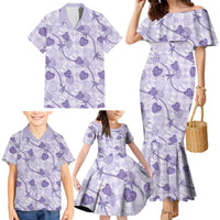 Anthurium Pikake Ti Leaf Palaka Family Matching Mermaid Dress and Hawaiian Shirt Purple Version