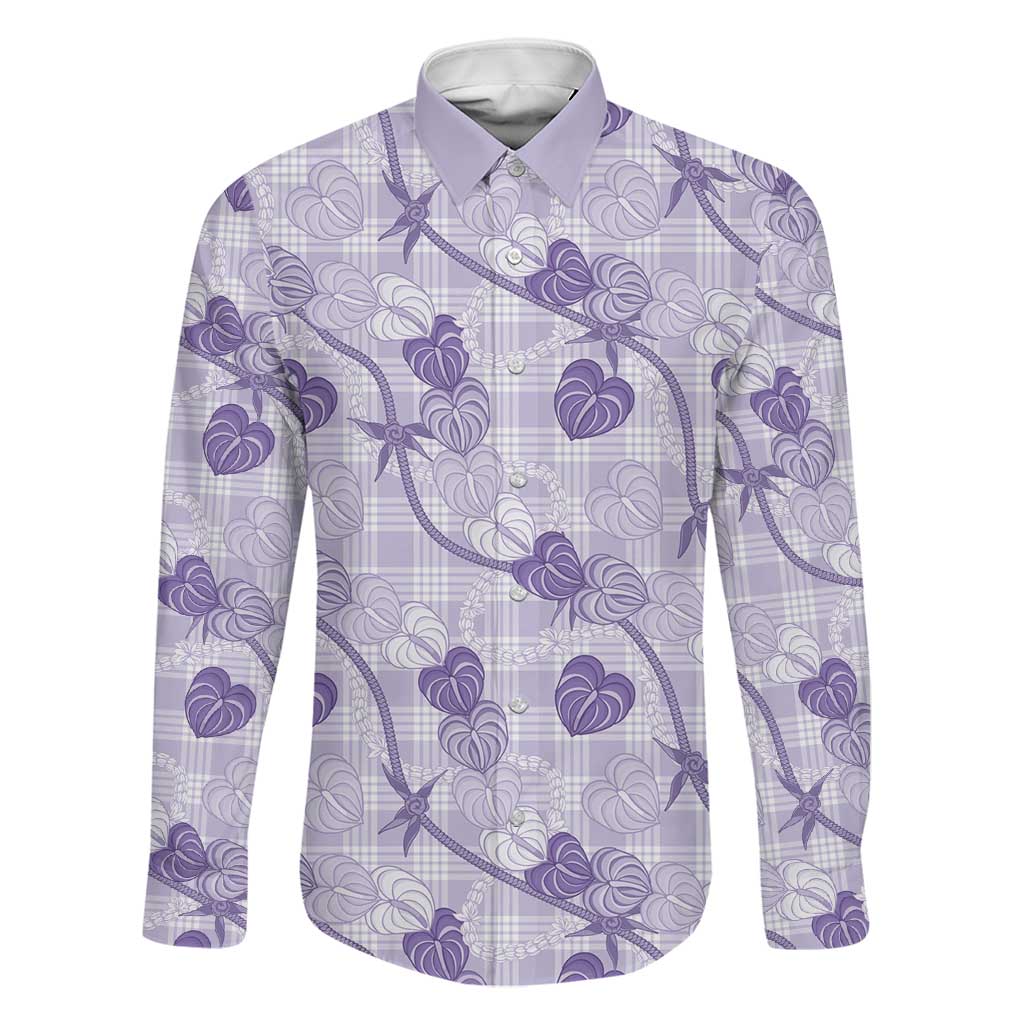 Anthurium Pikake Ti Leaf Palaka Family Matching Off The Shoulder Long Sleeve Dress and Hawaiian Shirt Purple Version