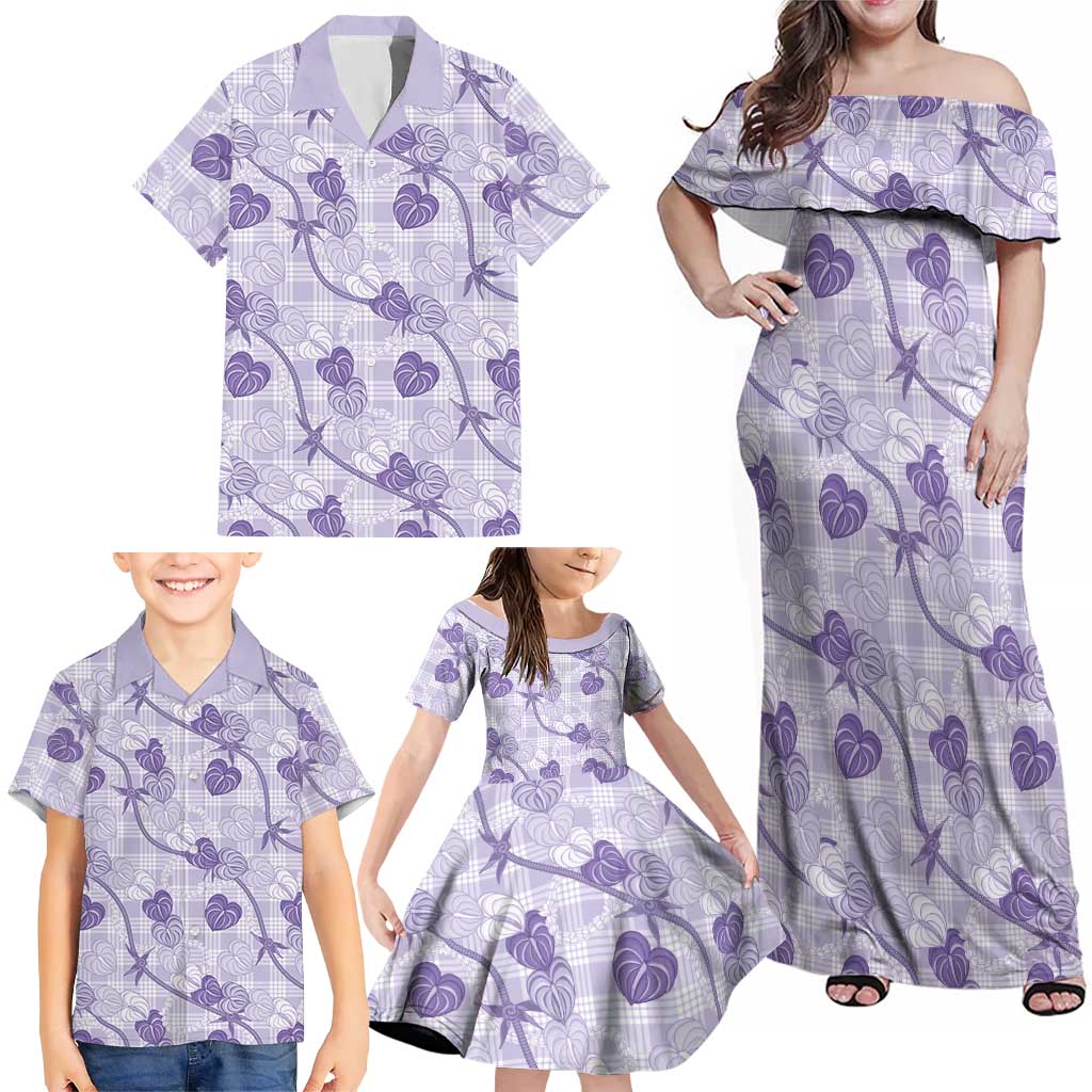 Anthurium Pikake Ti Leaf Palaka Family Matching Off Shoulder Maxi Dress and Hawaiian Shirt Purple Version