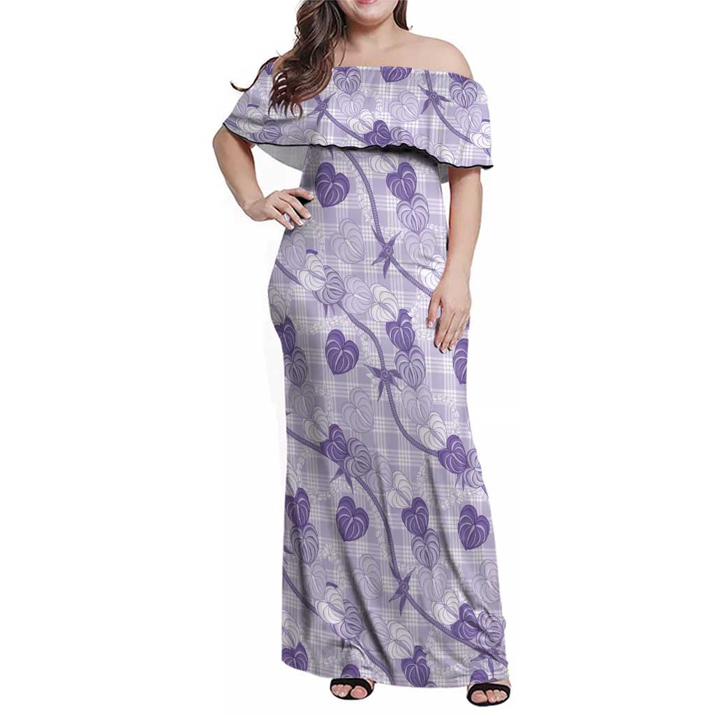 Anthurium Pikake Ti Leaf Palaka Family Matching Off Shoulder Maxi Dress and Hawaiian Shirt Purple Version