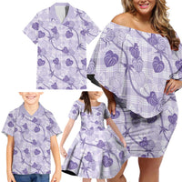 Anthurium Pikake Ti Leaf Palaka Family Matching Off Shoulder Short Dress and Hawaiian Shirt Purple Version